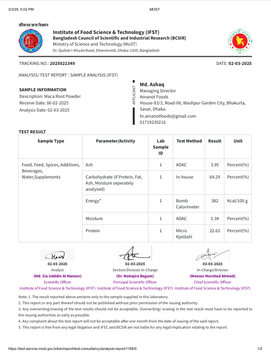 Maca Powder Certificate