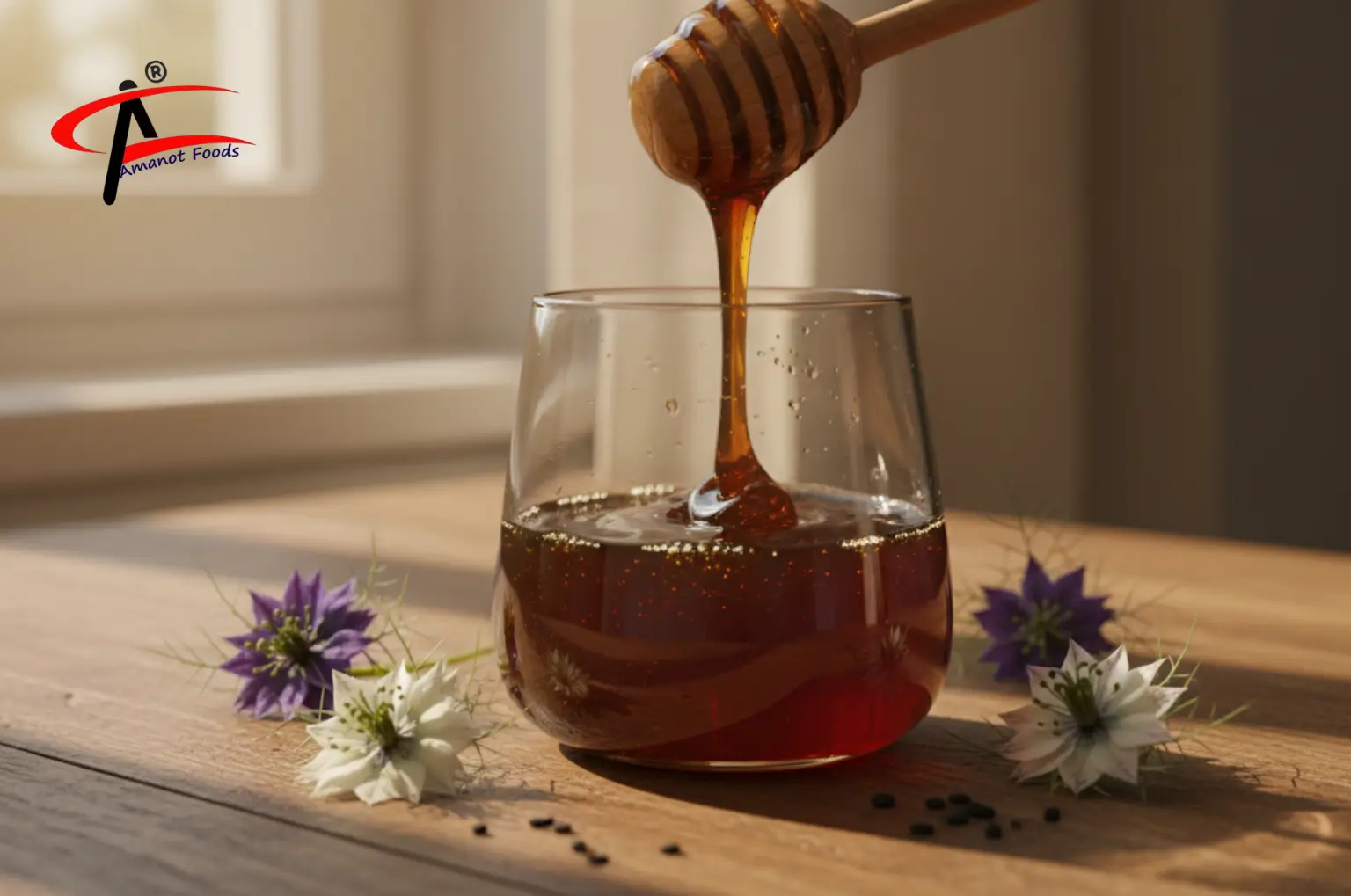 কালোজিরা ফুলের মধু গ্লাস জারে — Amanot Foods Black Seed Honey